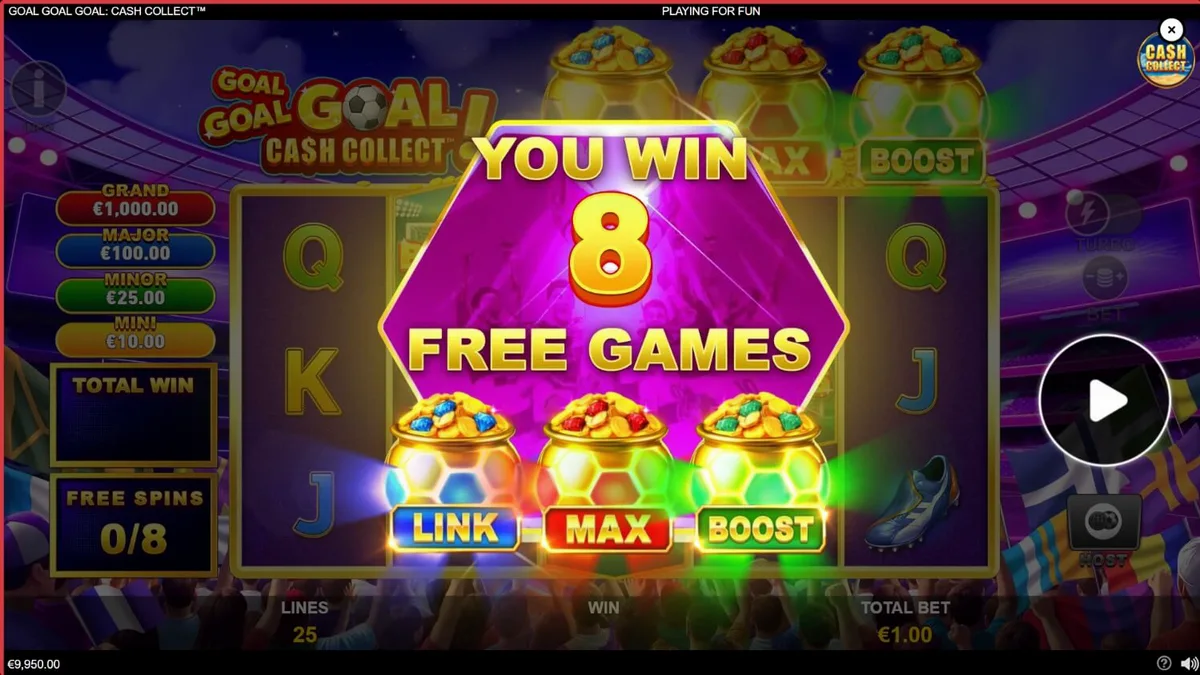 Tampilan visual slot Goal Goal Goal: Cash Collect dengan tema stadion sepak bola.