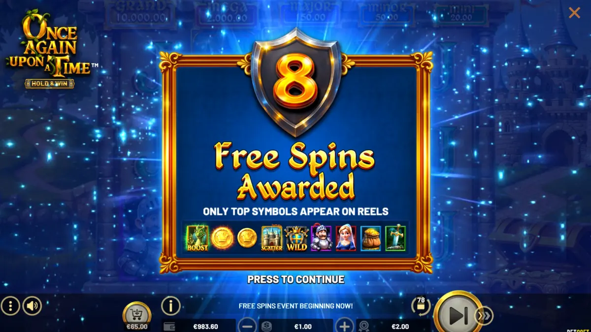 Tampilan visual slot Once Again Upon A Time dengan latar belakang kastil dan naga